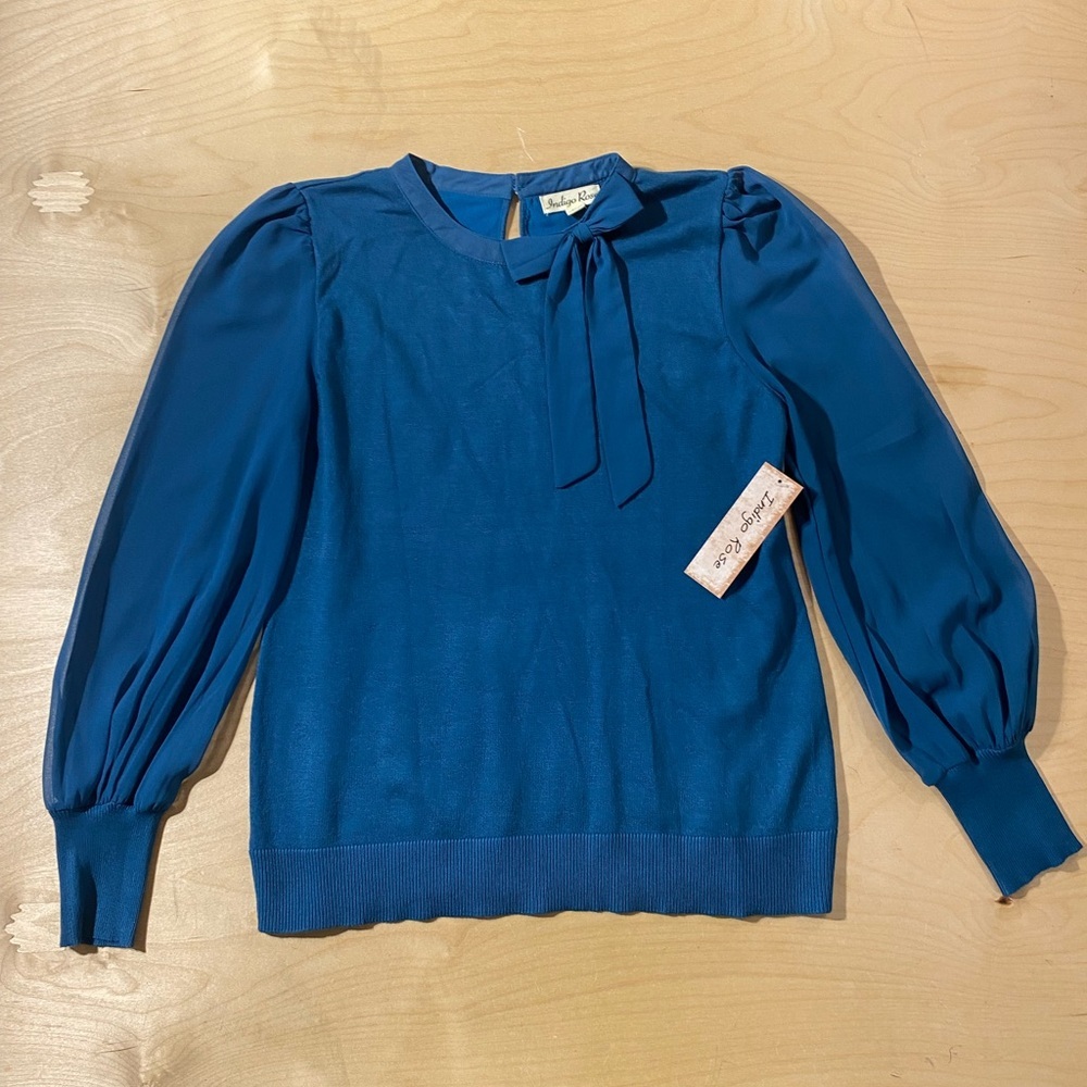 Indigo Rose Blue Long Sleeve Blouse with Bow Detail XL (QG)